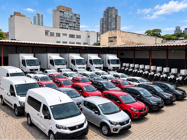 Vans e carros estacionados no pátio