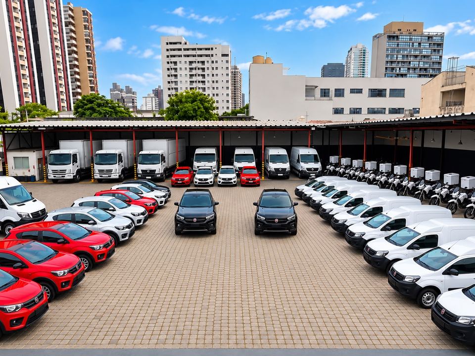 Pátio da Translight com caminhões, motos, carros e utilitários